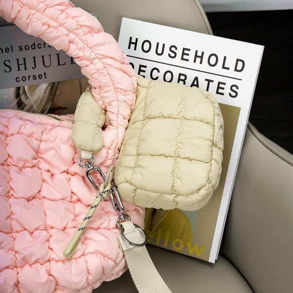 Women's Tan Mini Quilted Wristlet Pouch Cute Charm Gift Puffer Evening Handbag - Picture 7 of 7